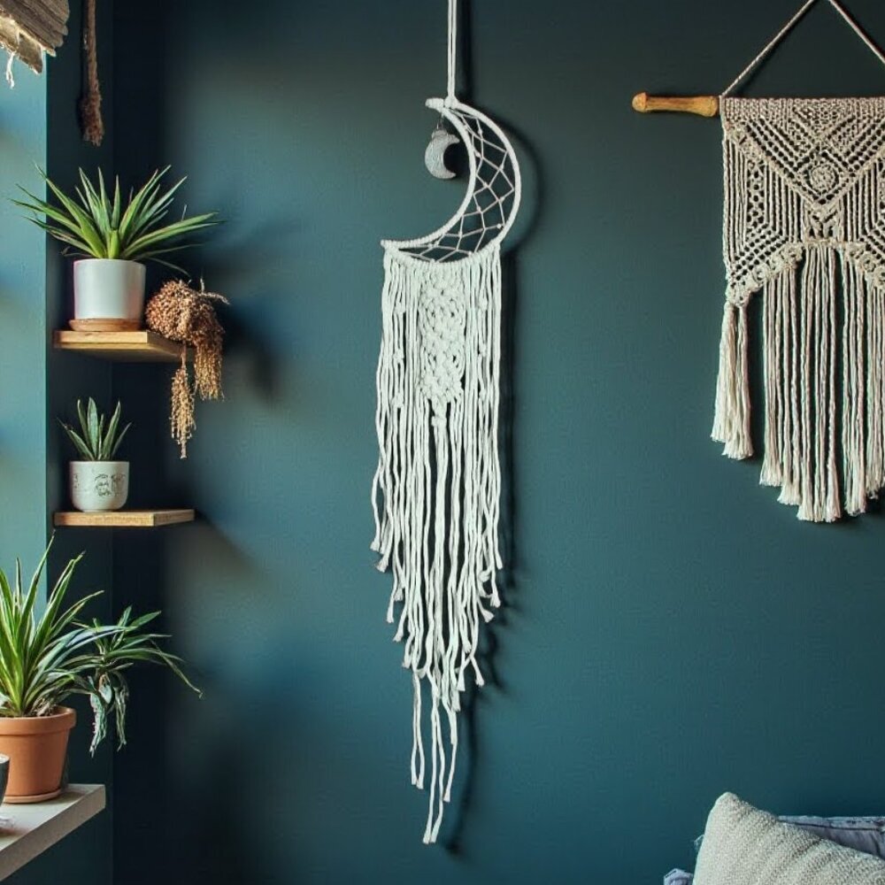 Macrame Moon Dreamcatcher Wall Hanging Boho Bedroom Nursery Decor 38" Cream